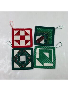 Handmade Quilted Patchwork 3" Christmas Ornaments Basket Tree Log Cabin Wreath